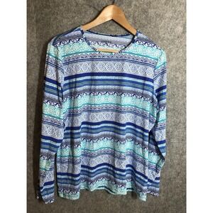 Lands' End Rash Guard Swim Shirt Womens XL Blue Striped Long Sleeve Stretch